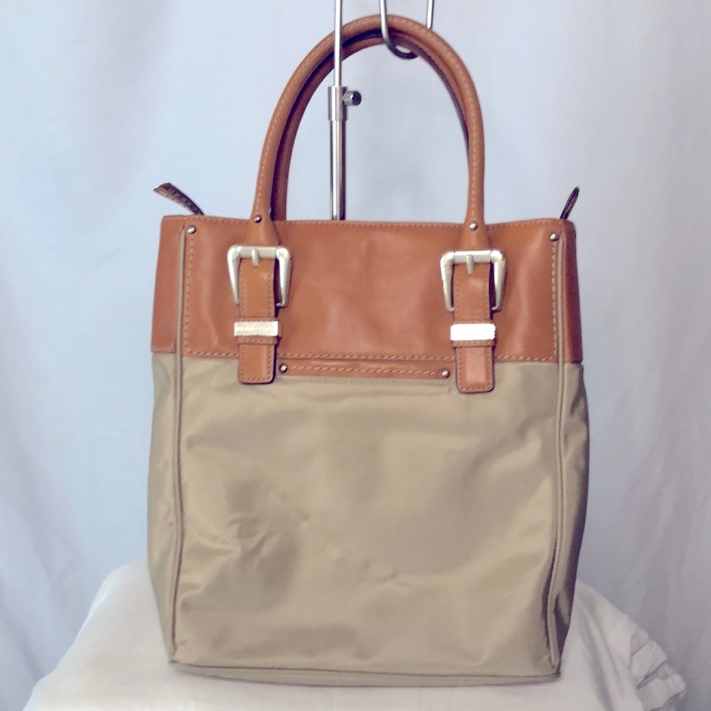 MICHAEL KORS tan and brown nylon and leather medium sized tote.